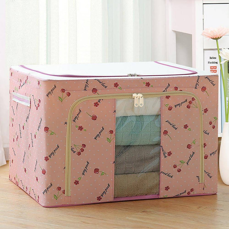 Peach-colored Foldable Cloth Storage Box 39cm with cherry print, designed for neat linen and towel storage in bedrooms or laundry rooms.