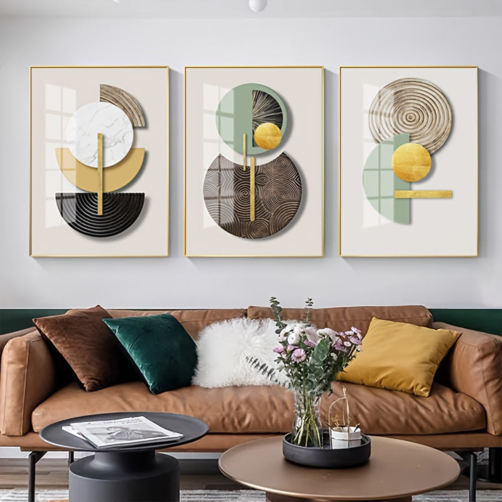 Modern 3PCS Frameless Golden Green Abstract Canvas Print set mounted above a brown leather couch, ideal for stylish interior wall art.