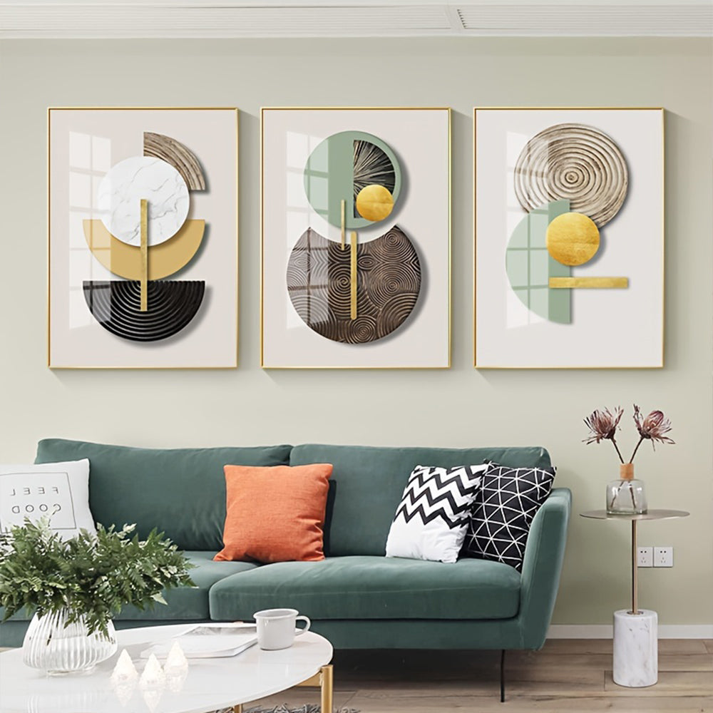 3PCS Frameless Golden Green Abstract Canvas Print displayed above a green velvet sofa in a modern living room, perfect for luxury home decor.