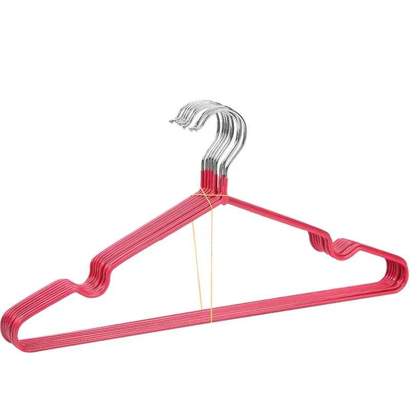 Pink Metal PVC Coated Cloth Hangers 10PCS with anti-slip design, ideal for organizing clothes in home closets or laundry rooms.