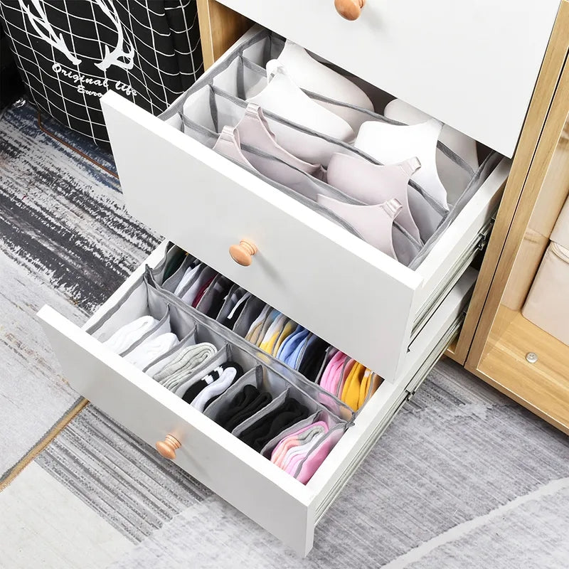 Drawer setup using Socks Organizer Box 11 Grids | Bamagate.com for bras, underwear, and socks, showcasing efficient home storage solutions.