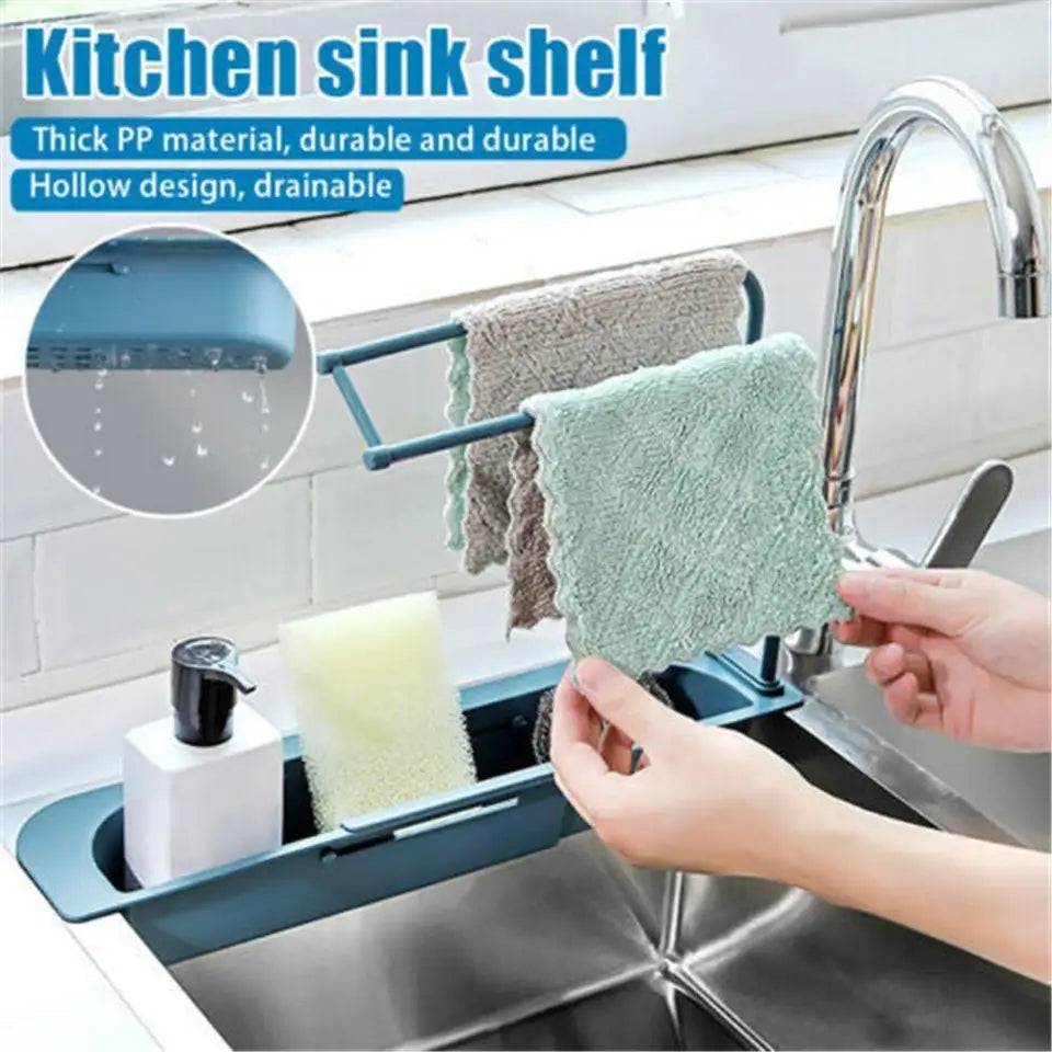 Kitchen Sink Shelf - Organizer | Maximize Space & Storage with a drainable design for holding soap, sponges, and cloths above the sink.