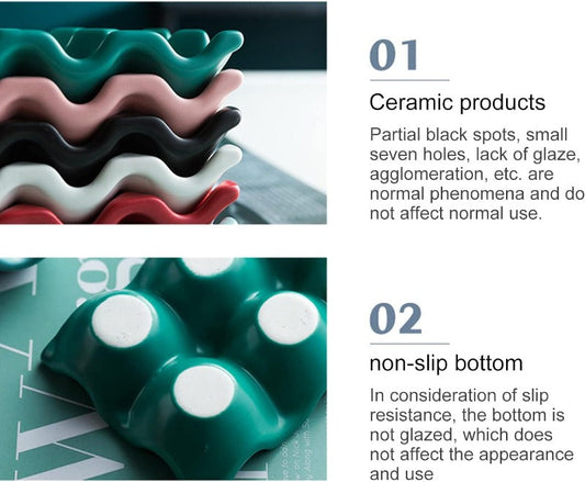 Stacked Ceramic Egg Holders in multiple colors with non-slip bottom feature, highlighting quality and practicality for kitchen storage.