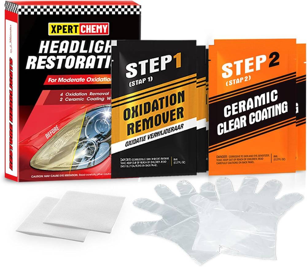 Complete Headlight Restoration Kit with UV Protection featuring oxidation remover, ceramic coating wipes, gloves, and cleaning pads for car care.