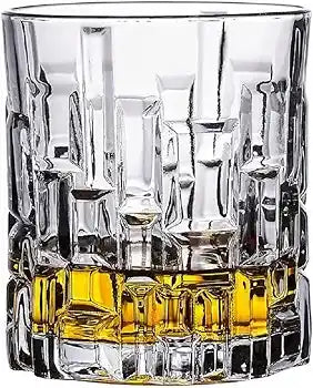 Close-up of Brick Whisky Glasses 6PCs Set for Gift Price in Sri Lanka showcasing intricate brick-style cuts and golden whiskey inside.