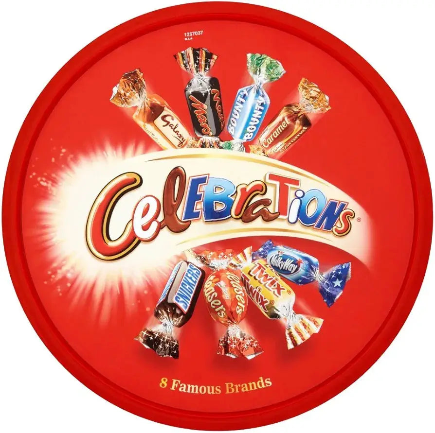 Celebrations Chocolate Tub 550g featuring 8 famous chocolate brands like Mars, Twix, and Galaxy in a red round lid. Ideal for gifting and sharing.