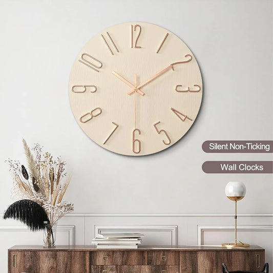 Minimalist round wall clock with no glass and silent mechanism, displayed in a stylish living room setting for modern home interiors.