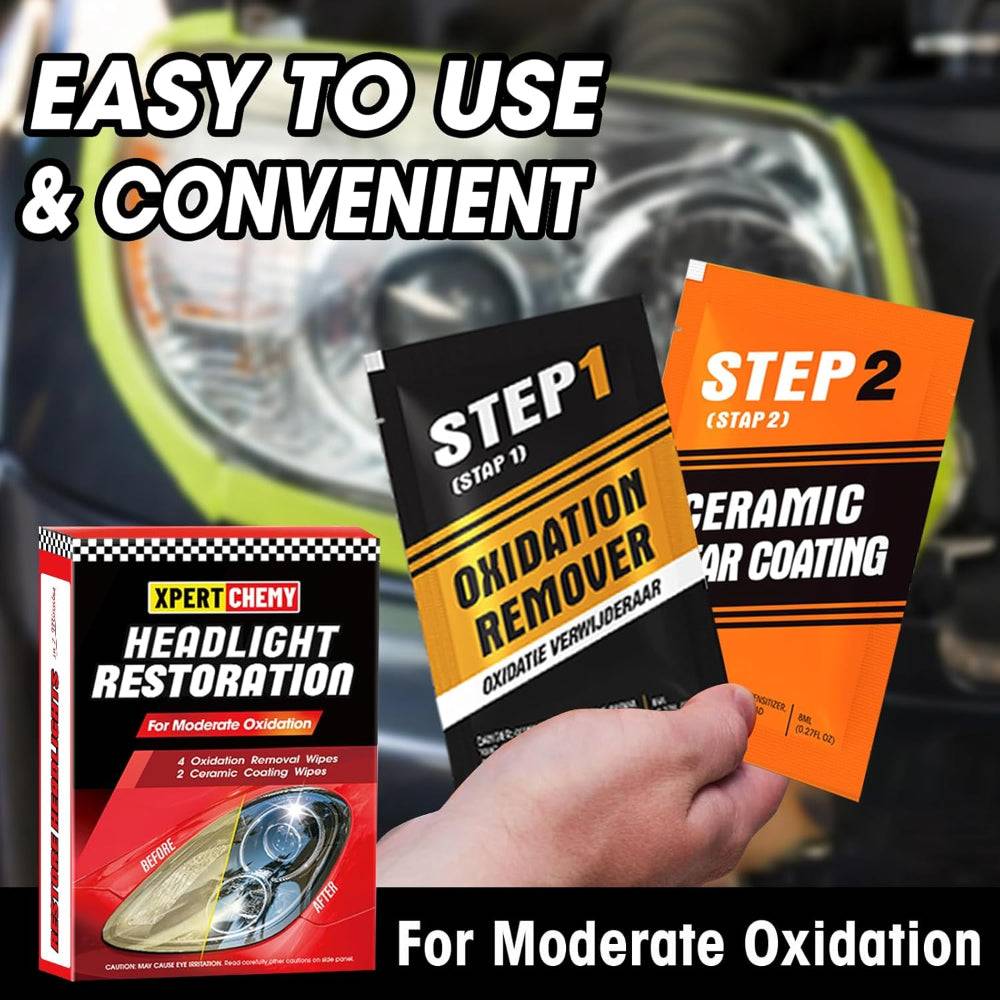 Easy-to-use Headlight Restoration Kit with UV Protection showing Step 1 oxidation remover and Step 2 ceramic coating wipes for car headlights.