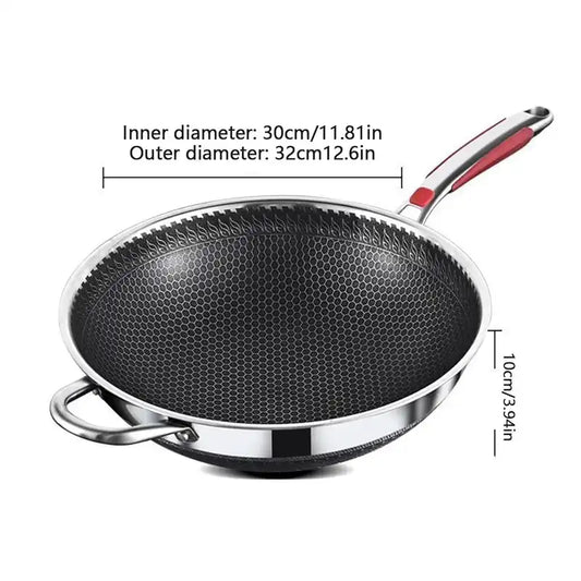 Stainless Steel Nonstick Wok 32 cm Stir Frypan with size dimensions, showing 30 cm inner and 32 cm outer diameter with 10 cm depth.