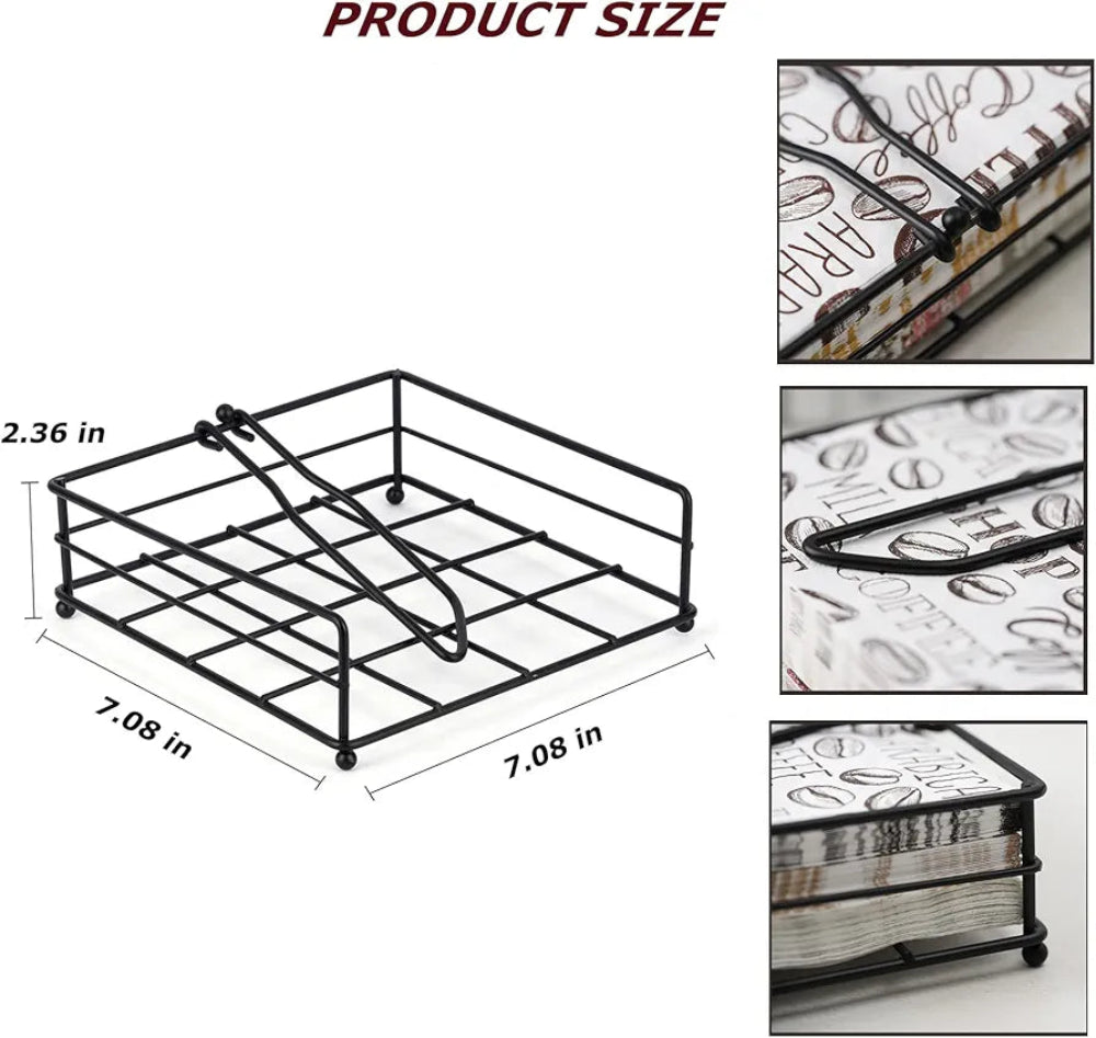 Dimensions of black metal napkin holder shown with close-up views, perfect for kitchen organization and tissue display.