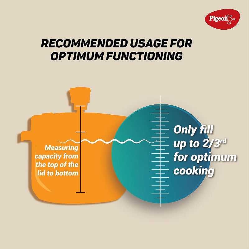 Pigeon pressure cooker usage guide showing 2/3 fill line for optimal cooking performance and safety.