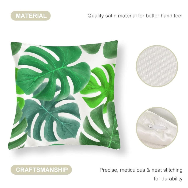 Green Leaf Cushion Cover 45x45 cm Polyester made from quality satin, with invisible zipper and neat stitching for durability and easy maintenance.