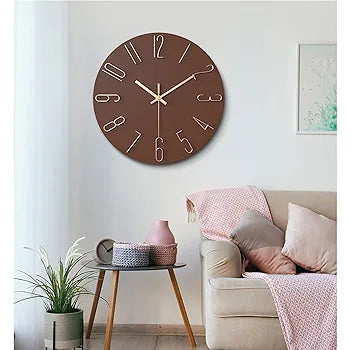 Round Non-tick Brown Wall Clock without Glass