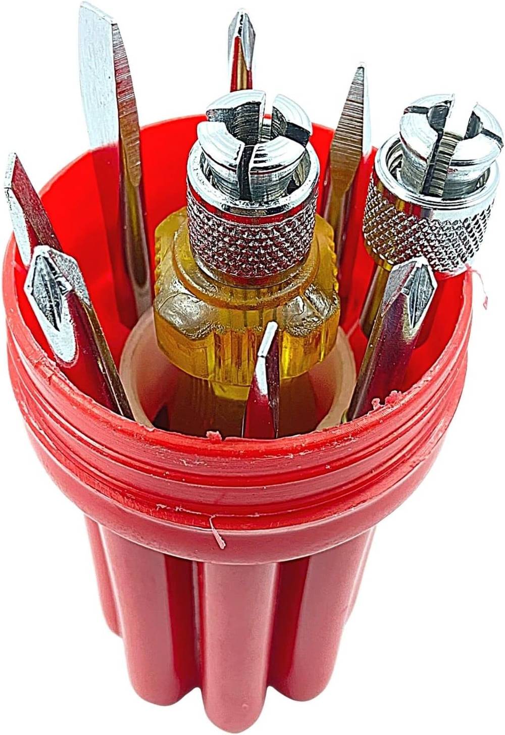 Compact red storage case holding Screwdriver Set 7PCS - High-Quality Tools | Durable Precision with slotted and Phillips bits.