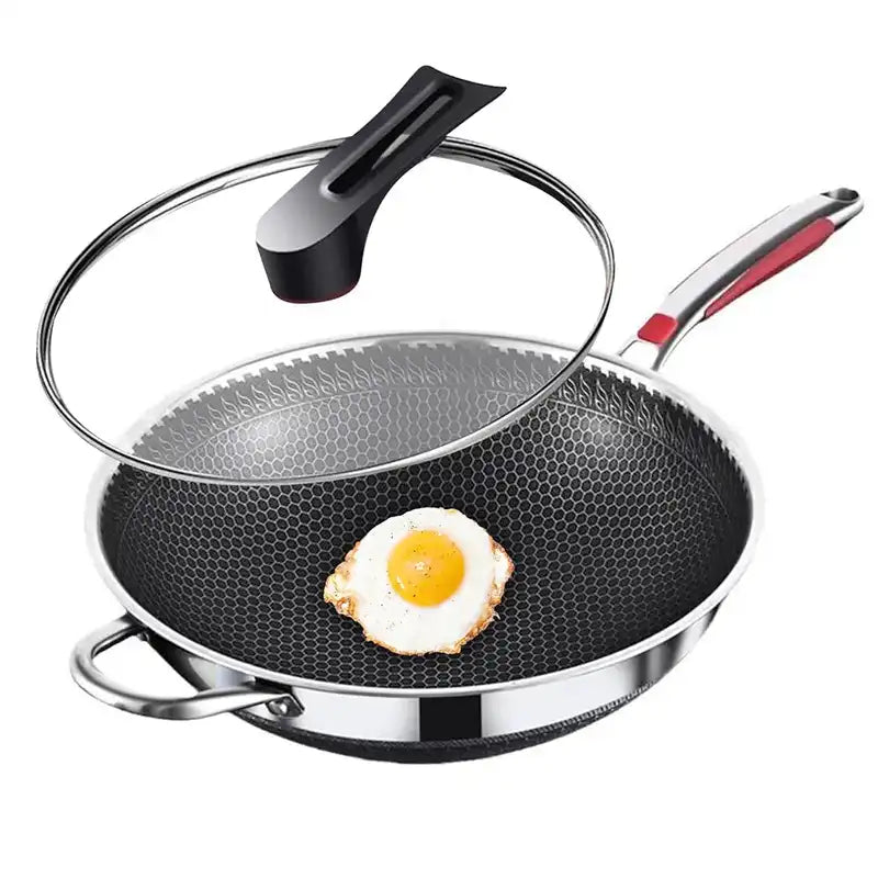 Stainless Steel Nonstick Wok 32 cm Stir Frypan with glass lid and fried egg inside, showcasing nonstick honeycomb surface and dual handles.