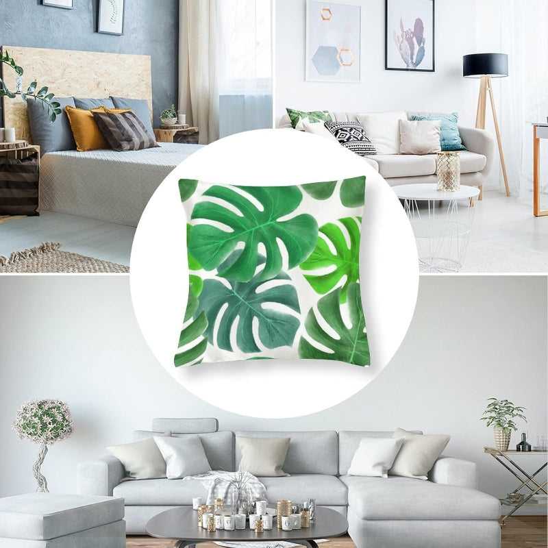 Green Leaf Cushion Cover 45x45 cm Polyester featured in stylish living rooms, perfect for enhancing home interiors with a fresh botanical touch.