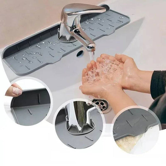 Durable Kitchen Sink Portable Mat placed under faucet, demonstrating water drainage and snug fit. Ideal for keeping countertops dry and clean.