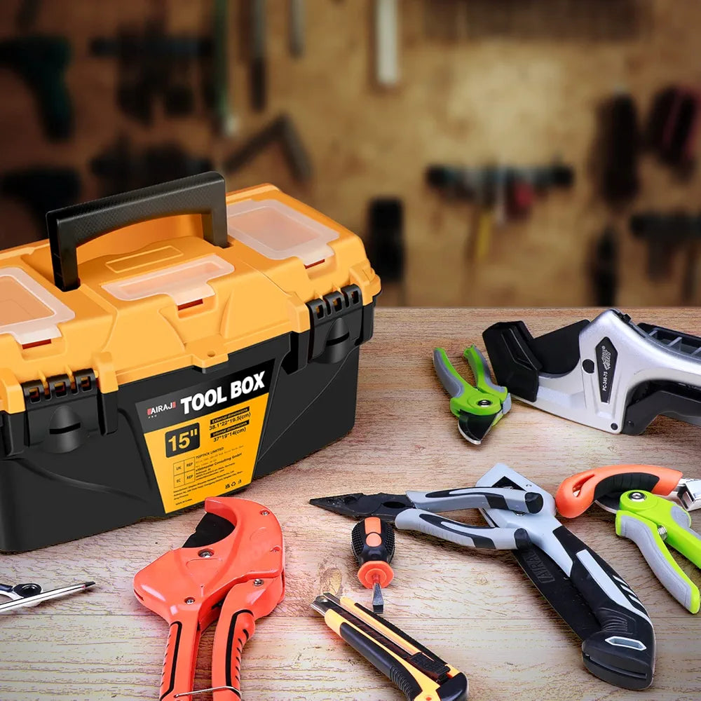 Tool Storage Box - Durable Tool Box placed on a workbench surrounded by hand tools, ideal for home improvement and hardware storage.