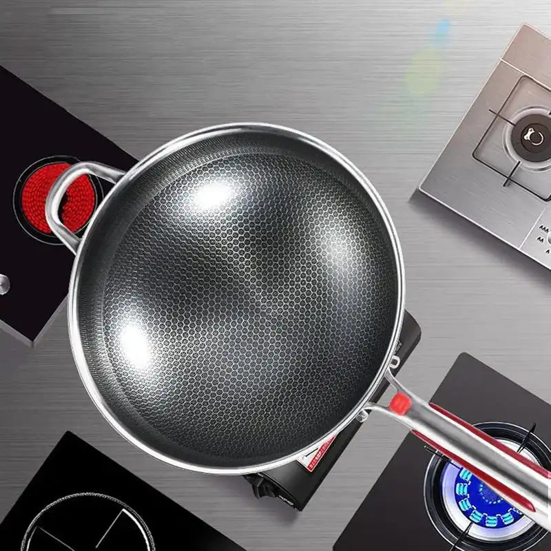 Top view of Stainless Steel Nonstick Wok 32 cm Stir Frypan on various stovetops, highlighting compatibility with induction and gas cooktops.