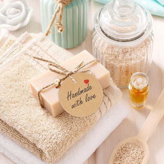 Handmade Gift Tag attached to a soap gift set, ideal for enhancing presentation of handmade gifts for special occasions in Sri Lanka.