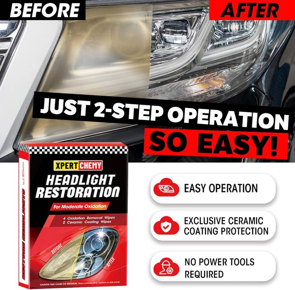 Before and after results using Headlight Restoration Kit with UV Protection, highlighting 2-step process with no tools required for car headlight clarity.