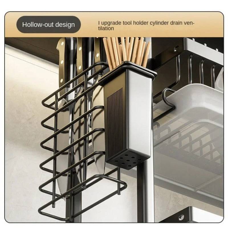 Close-up of 3-Layer Kitchen Plate Rack's upgraded hollow-out utensil holder for ventilation and efficient kitchen organization.
