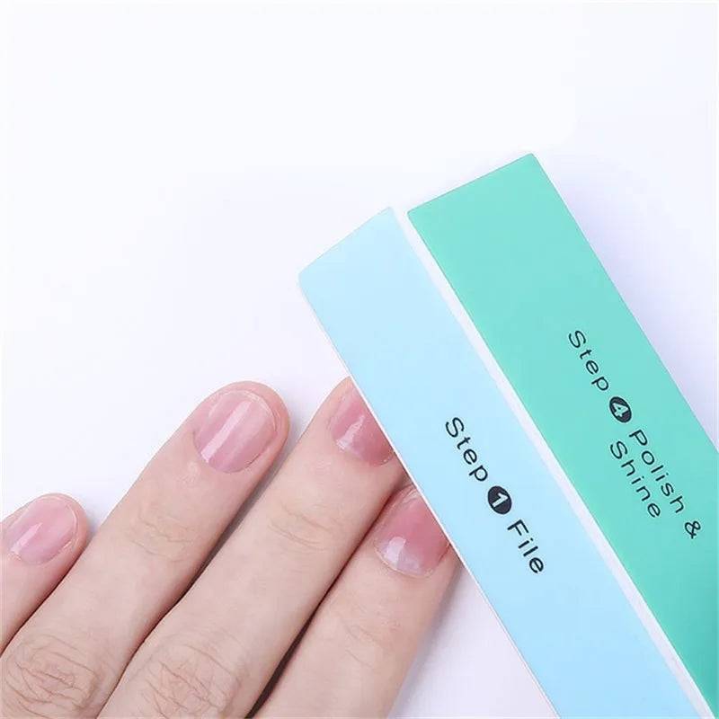 Nail Buffer Block 4 Way used on fingernails, showing Step 1 File and Step 4 Polish & Shine for smooth, glossy nail finish. Ideal for manicure kits.