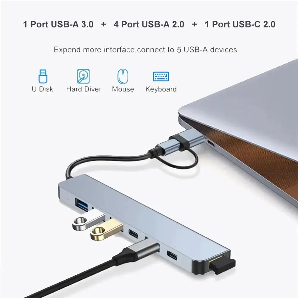 8 in 1 USB Hub with Audio Jack connected to a laptop, showing USB-A, USB-C, HDMI, and audio ports for charging and data transfer.