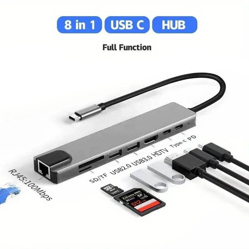 8 in 1 USB Hub with Audio Jack featuring USB-C, HDMI, SD/TF card slots, Ethernet, and charging ports for laptops and tablets. Ideal computer accessory for multitasking.