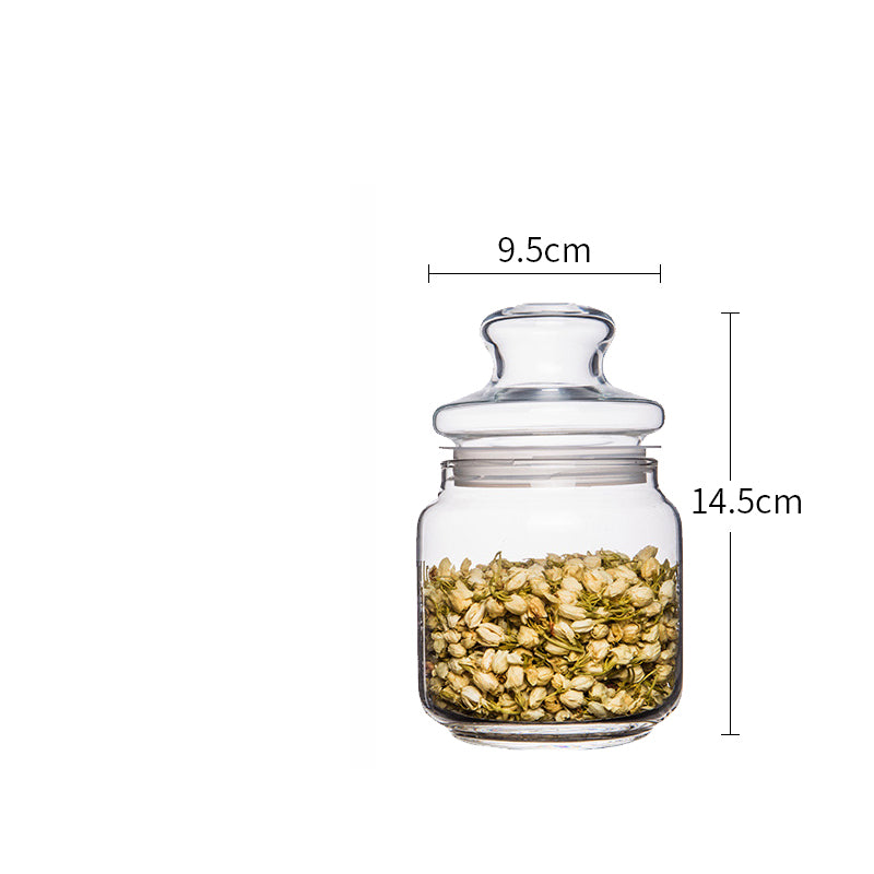 Small 14.5cm Luminarc airtight glass jar with 9.5cm diameter, filled with dried jasmine flowers, available at Bamagate.com in Sri Lanka