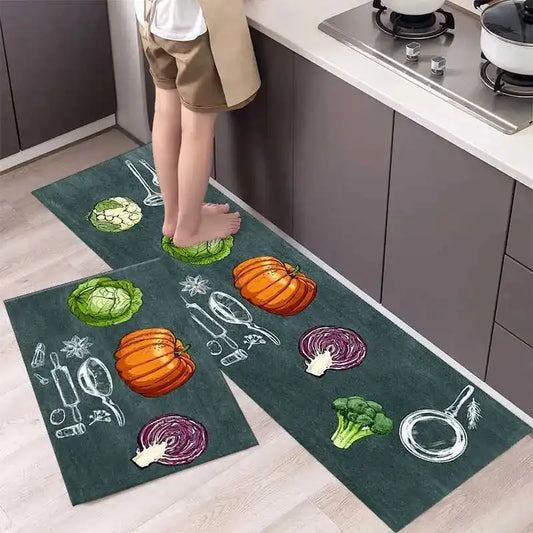 2PCS Nordic kitchen carpet runners with vegetable prints, ideal for modern kitchens. Slip-resistant and easy to clean for everyday use.