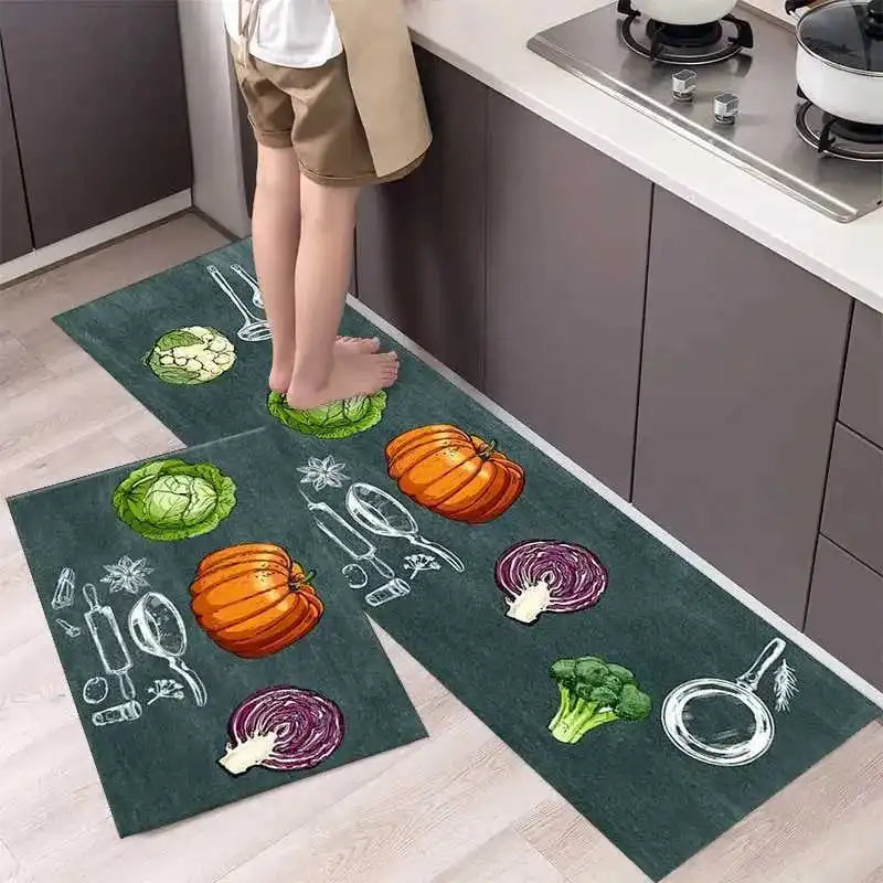 2PCS Nordic kitchen carpet runners with vegetable prints, ideal for modern kitchens. Slip-resistant and easy to clean for everyday use.