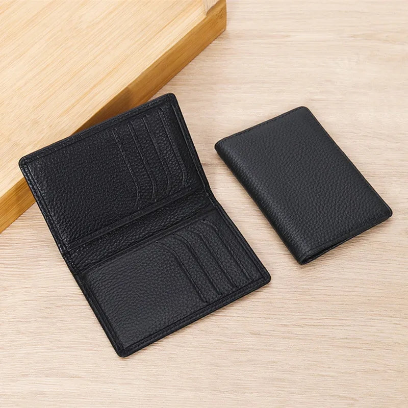 Open and closed views of Men's Leather Card Bifold Wallet in black, featuring multiple card slots and premium leather texture.