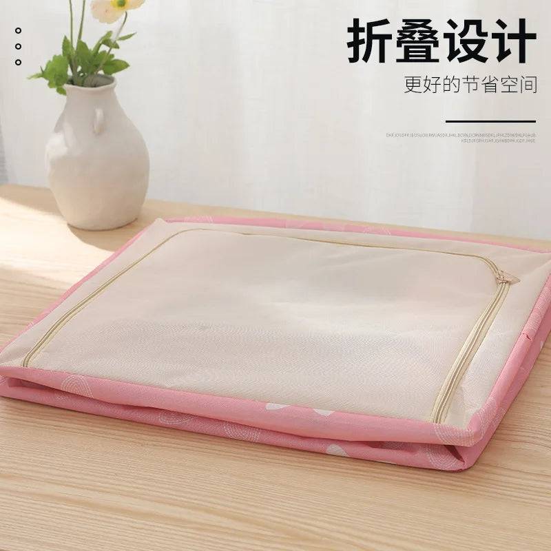 Folded Cloth Storage Box 39cm in pink, showcasing its collapsible design for compact storage and easy portability in home organization.