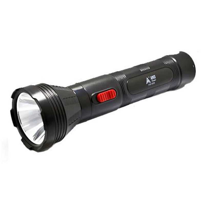 Aiko Super LED Rechargeable Touch AS-565 handheld torch with 1W LED, featuring a sleek black body and red touch control for emergency lighting.