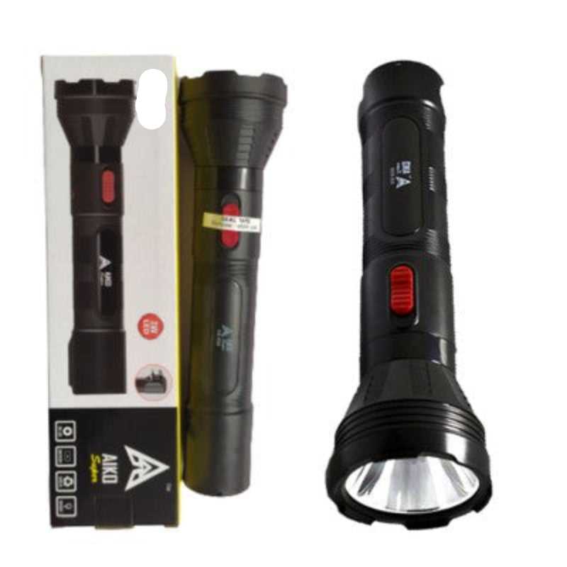 Aiko Super LED Rechargeable Touch AS-565 torch shown with retail packaging, highlighting its 1W LED power and touch-sensitive red switch.