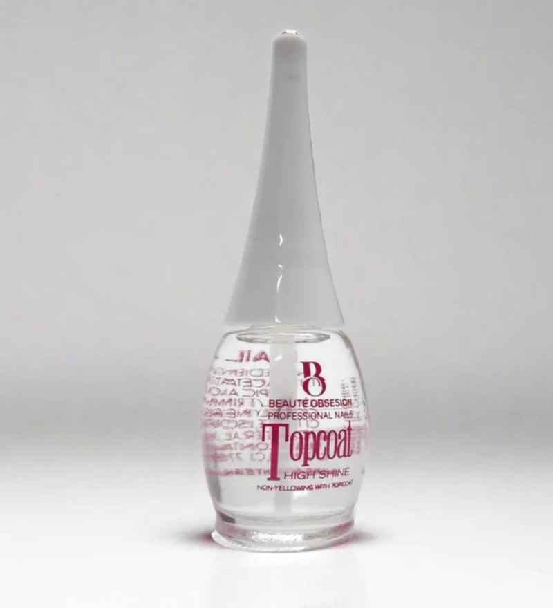 B O Gel Topcoat - Long Lasting Nail Finish in a sleek clear bottle with white cap. Delivers high-shine, chip-resistant protection for manicures.