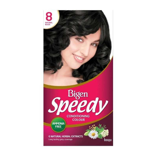 Front view of Bigen Speedy Hair Color Black No. 8 packaging featuring ammonia-free formula with herbal extracts for long-lasting color.
