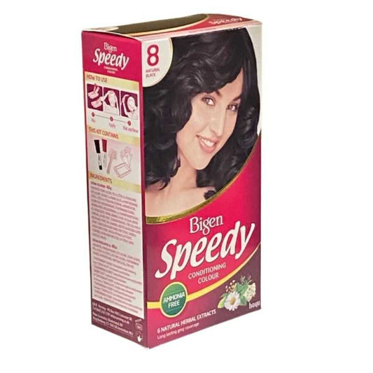 Bigen Speedy Hair Color Black No. 8 box with product details and usage instructions, ideal for quick grey coverage in Sri Lanka.