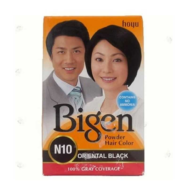 Bigen Hair Color Powder Black 6g N10 packaging showing no ammonia formula. 100% gray coverage for vibrant, long-lasting hair color results.