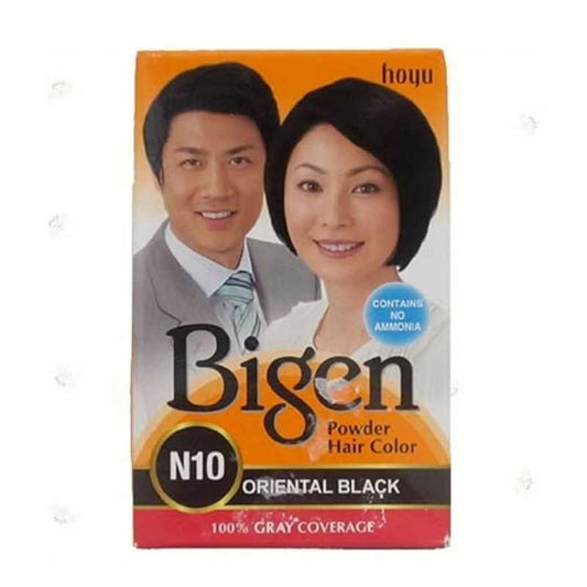 Bigen Hair Color Powder Black 6g N10 packaging showing no ammonia formula. 100% gray coverage for vibrant, long-lasting hair color results.