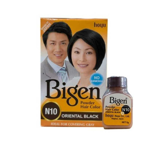 Bigen Hair Color Powder Black 6g N10 box and bottle set for gray coverage. Long-lasting shine with no ammonia, ideal for full or touch-up coloring.
