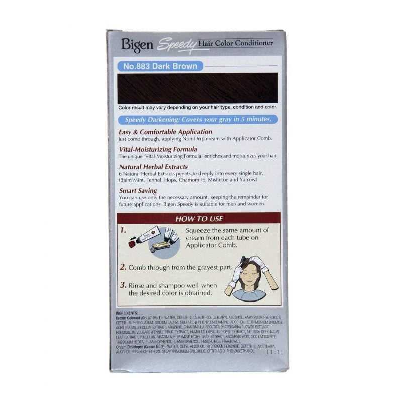 Back of Bigen Hair Color Conditioner No.883 Dark Brown 40g packaging showing usage instructions, ingredients, and product benefits.