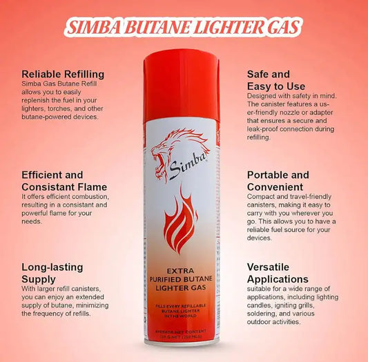 Simba Butane Lighter Gas Refill 250ml with nozzle adapter, highlighting features like safe use, long-lasting supply, and portable design.