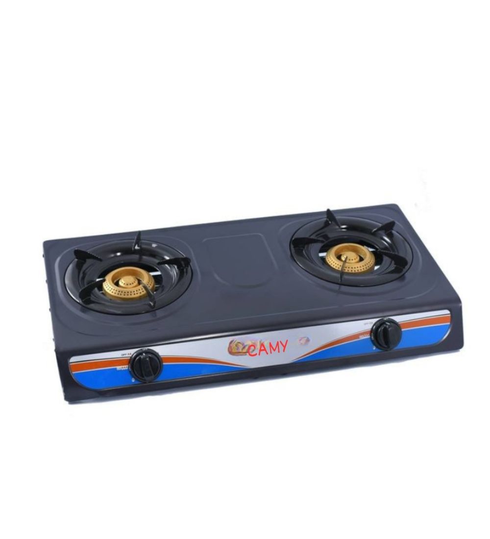 Glass Top CAMY Two Burner Gas Cooker Auto Ignition with dual brass burners and manual knobs, ideal for modern kitchen setups.