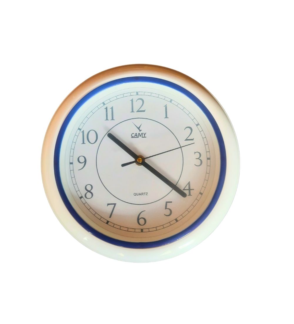 Wall Clock Round CAMY with 8-inch white and blue plastic frame, ideal for modern home decor. Features clear black numerals and quartz movement.