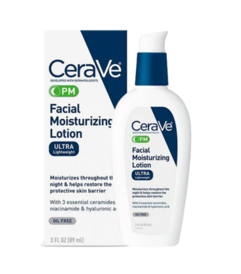 CeraVe PM Facial Moisturizing Lotion 89ml for nighttime use with ceramides, niacinamide, and hyaluronic acid. Ideal for sensitive skin care routines.