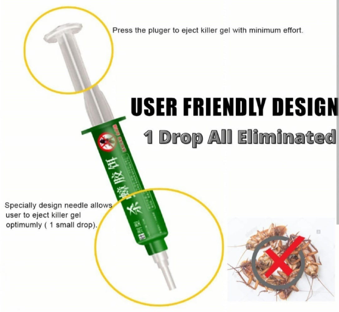 User-friendly cockroach bait syringe with precision nozzle, ideal for targeting roaches with one drop of lethal gel to eliminate colonies.