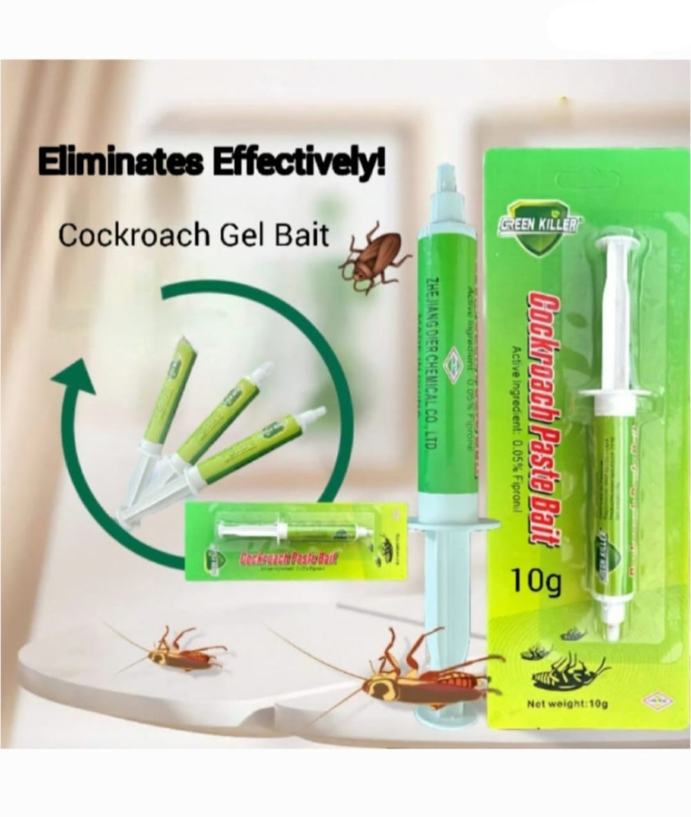 Cockroach Killer Bait 10g syringe with green packaging, designed to eliminate roach infestations in homes using gel bait formula.