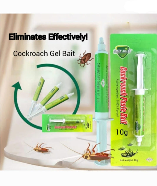 Cockroach Killer Bait 10g syringe with green packaging, designed to eliminate roach infestations in homes using gel bait formula.